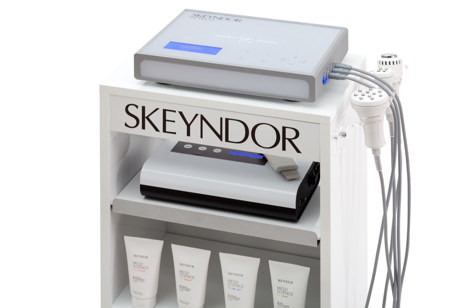 SKEYNDOR Meso Infusion DCS device on a clinic trolley with Meso Science handpieces and treatment tubes